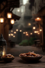 Naklejka premium Ramadan Kareem greeting. Islamic crescent moon and lantern. End of fasting. ramadan decorations, Eid al-Fitr. Breaking of holy fast day. Muslim holiday. Arab night sky. 