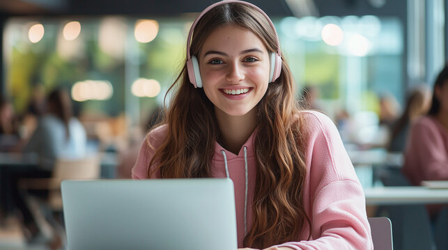 Pretty female college student studying with laptop wearing headphones over head in the university library,  - Powered by Adobe