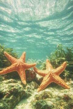 Two vibrant starfish resting on coral, showcasing underwater bea