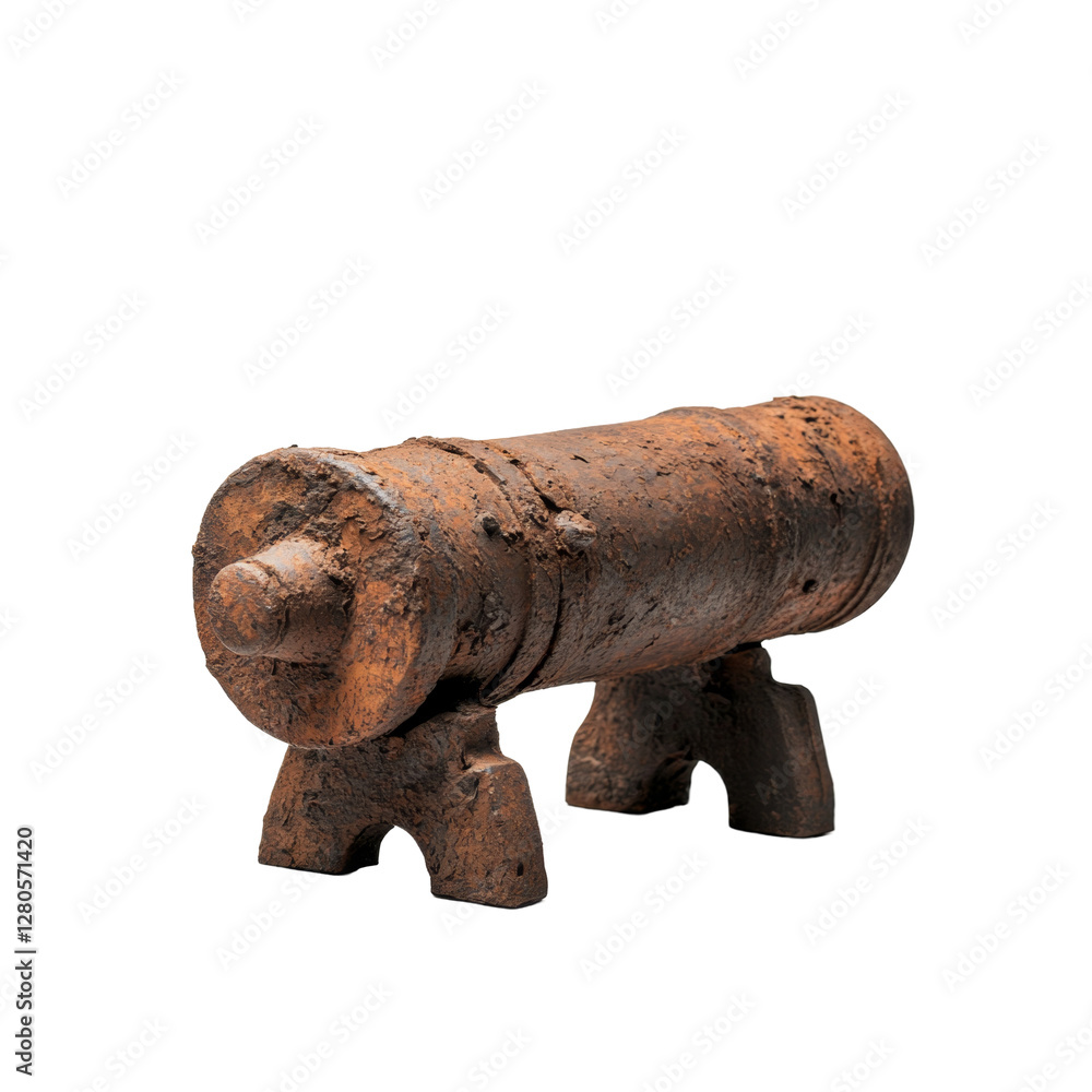 Poster ancient rusty cannon on stone stands displaying historical mechanism and weathered texture