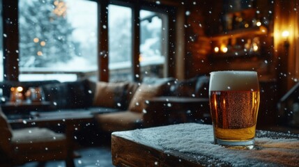 Alcohol consumption at a mountain lodge with craft beer and cozy seating. Featuring relaxation and warmth