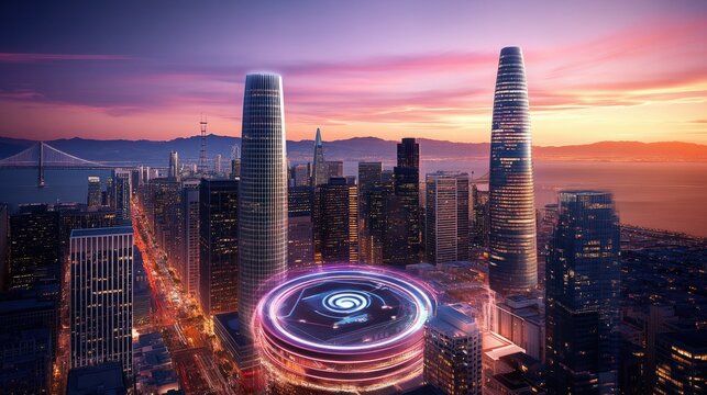 A hyper-connected view of San Francisco financial district, overlaid with holographic social media updates, smart energy grids, and real-time AI surveillance.