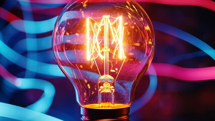 Glowing light bulb with neon streaks creating an energetic and vibrant ambiance in a dark setting, Glowing light bulb with neon streaks in background - Powered by Adobe