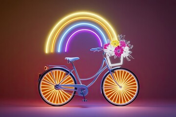 Fototapeta premium Neon Rainbow Bicycle with Flowers, bicycle, bike, rainbow, flowers, neon, light, glowing wheels, colorful