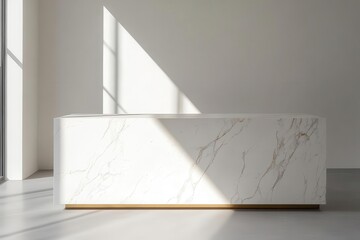 minimalist white marble kitchen island bathed in natural light, with subtle veining and brass accents, creating elegant negative space