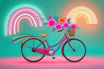 Fototapeta premium Pink Bicycle Rainbow Flowers Neon, bicycle, bike, rainbow, flowers, neon, illustration, design, graphic, colorful