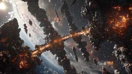 Futuristic Space Scene with Asteroids and Glowing Structures