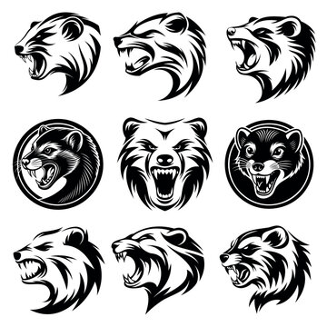 
contour icon, logo of the animal head of a wolverine with a grin in black color