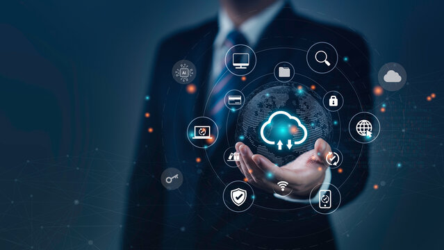 Businessman using Cloud service to document management and digital files storage and transfer. doc sharing and file access, backup and sync data, online documentation database technology.