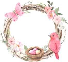 Watercolor easter frame with colorful eggs, flowers and decorative elements