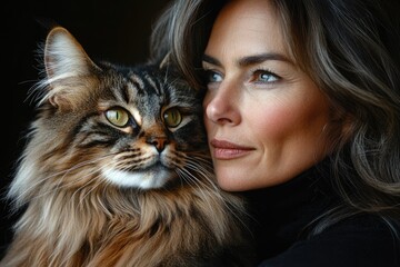 A woman with graying hair gently embraces her long-haired tabby cat, creating a heartwarming portrait of companionship.
