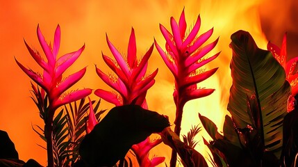 Vibrant tropical flora against a fiery sunset backdrop creates warm ambience