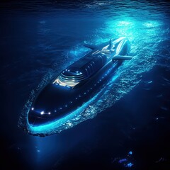 Fototapeta premium Futuristic Luxury Yacht Illuminated on Calm Deep Ocean Waters