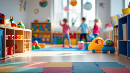 Playroom with toys in kindergarten on the background with blurred playing kids. AI generated