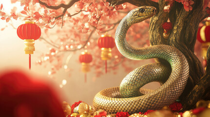 Fototapeta premium A majestic snake entwines around a decorated Chinese New Year tree, its shimmering golden and green scales adding to the festive atmosphere, with red lanterns and golden ornaments symbolizing prosperi