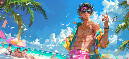 Stylish anime boy on sunny tropical beach
