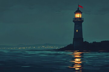 Luminous lighthouse at night, tranquil sea, city lights in background.  Coastal, guiding light