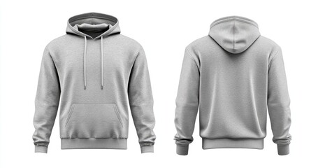Gray hoodie mockup front and back view, isolated on white background