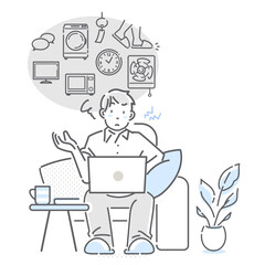 音が気になって在宅ワークに集中できない男性　シンプルでお洒落な線画イラスト