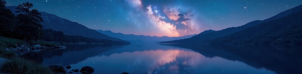 Fototapeta premium Starry night over calm river, peaceful landscape , shadows, starry night