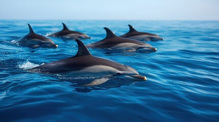 Fototapeta premium Group of Dolphins Swimming Gracefully in Clear Ocean Water