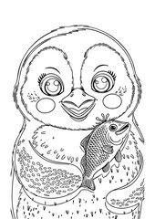 Adorable penguin holding a fish in detailed black-and-white line art, perfect for children's books, educational stories, and animal-themed bedtime stories.