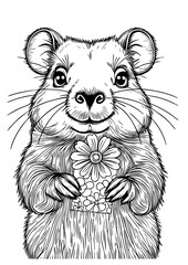 Charming black-and-white line art of a cute hamster holding a flower, perfect for tattoo designs, sticker art, or pet-inspired ink. 