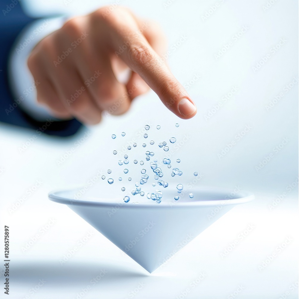 Poster a hand points towards a funnel with water droplets, symbolizing precision and focus in a scientific 