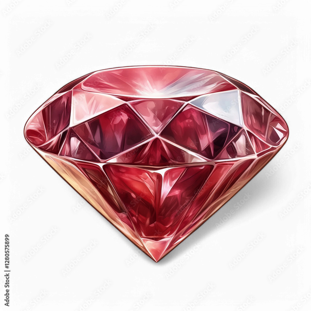 Poster gleaming red diamond with faceted gemstone sparkle on transparent background