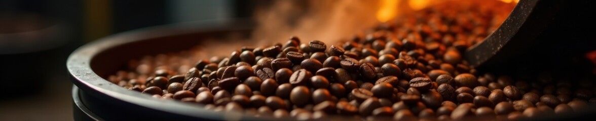 Dark brown coffee beans tumbling in hot industrial roaster, beverage, food