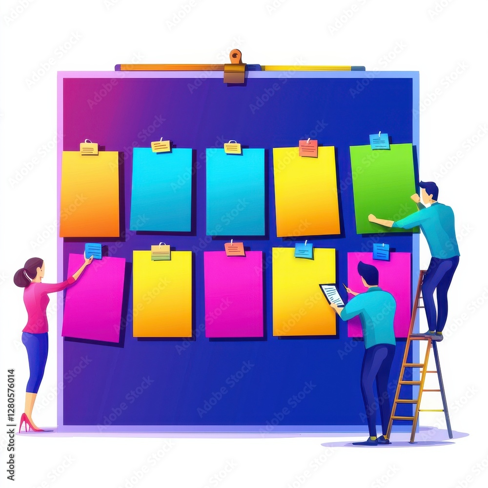 Poster a vibrant team collaborates at a colorful board filled with sticky notes, showcasing creativity and 