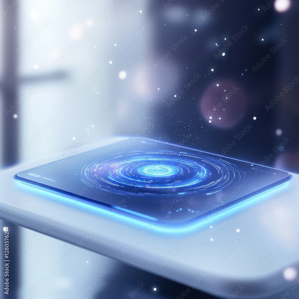 Poster a futuristic device emits a glowing blue light, surrounded by sparkling particles, suggesting advanc