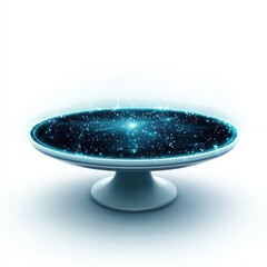 A futuristic plate displaying a cosmic scene filled with stars and a glowing blue aura, creating a mesmerizing celestial effect.