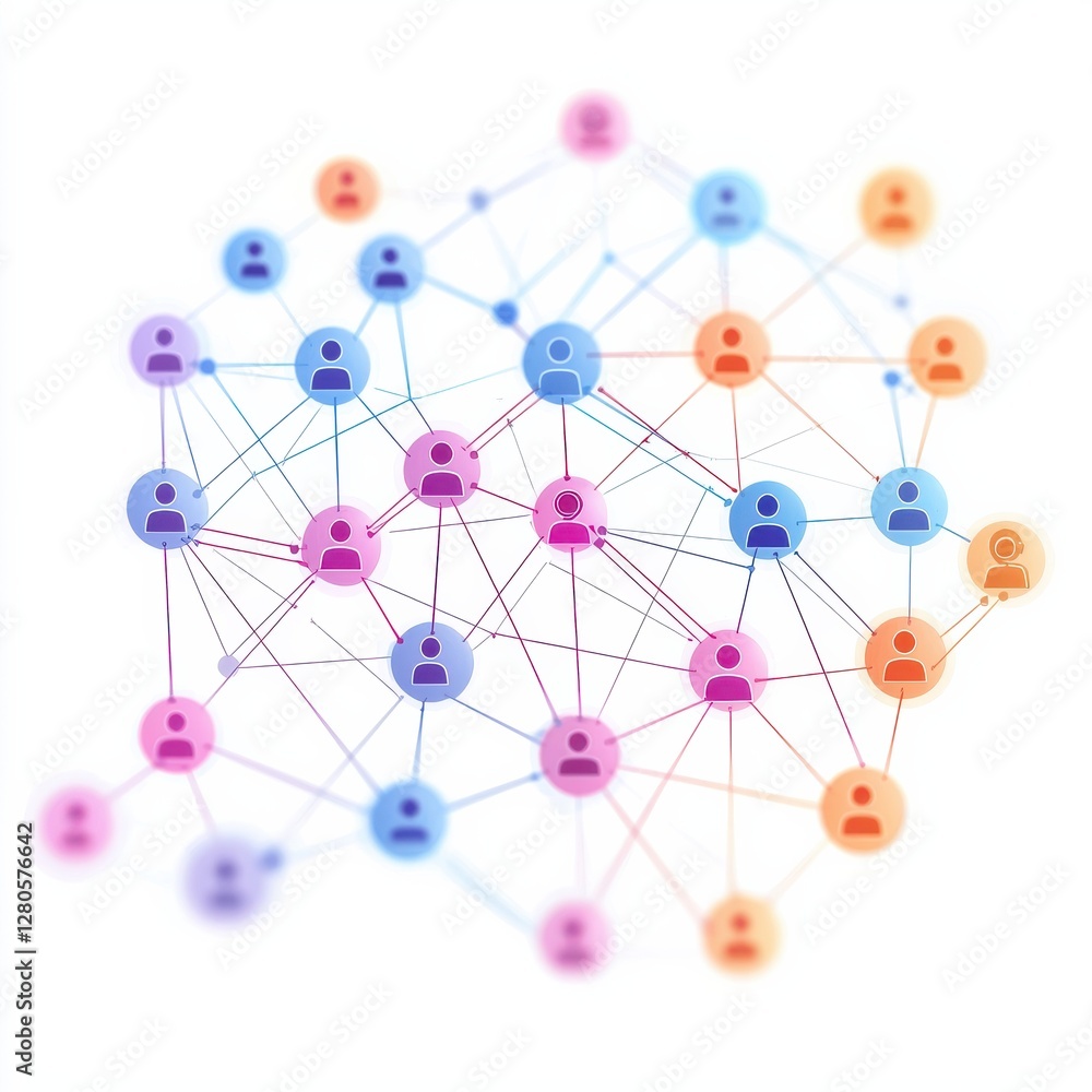 Poster a colorful network diagram representing social connections between users, showcasing relationships a