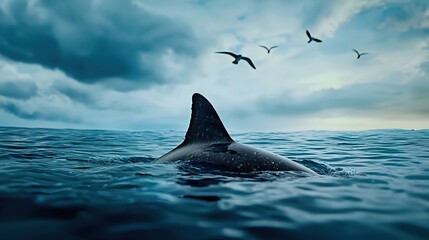 Fototapeta premium Majestic Shark Fin Rising from Deep Ocean Waters Under Cloudy Sky