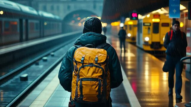 Lone traveler walks down a rainy train platform with a yellow backpack during a cloudy day, A lone traveler with a backpack walks down a train platform in a rainy city