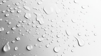 Abstract gray-to-white gradient background with glossy water droplets enhancing the smooth and modern aesthetic