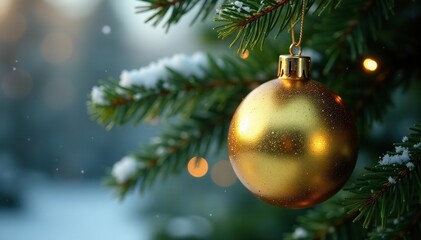 Obraz premium Shiny gold metallic Christmas ball hanging on a large fir tree branches with snow, shiny, season