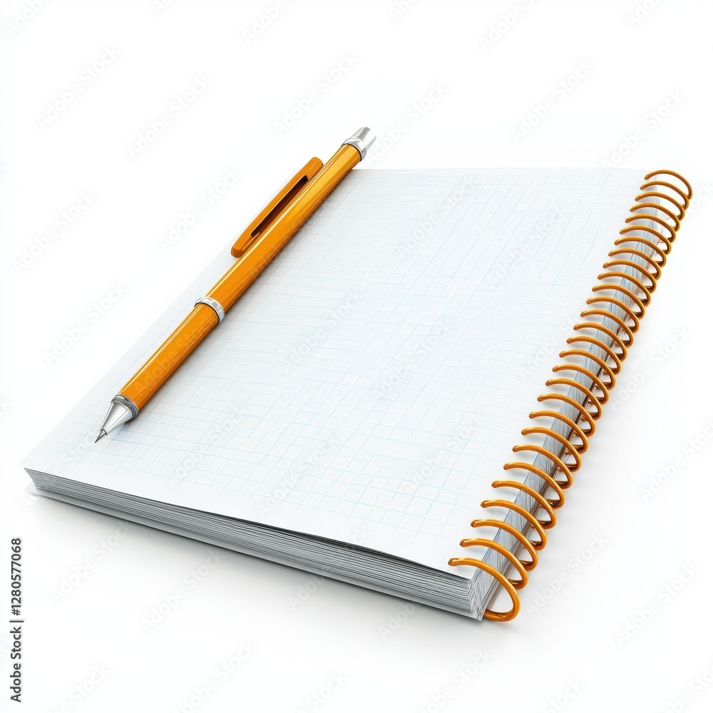 Aufkleber a simple, spiral-bound notebook with a blank page and an orange pen resting on top, ideal for notes 