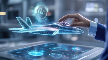 A sleek, high-tech fighter jet hologram hovers in mid-air, as a businessman reaches out to engage with its wireless control system.