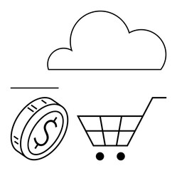 Cloud outline, shopping cart, and coin with dollar sign. Ideal for e-commerce, fintech, cloud storage, retail, finances online transactions and modern commerce. Abstract line flat metaphor