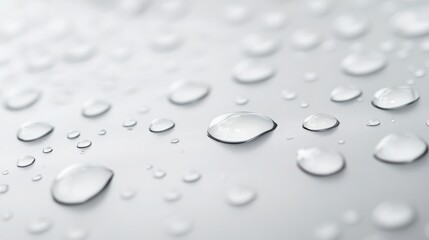 Abstract gray-to-white gradient background with glossy water droplets enhancing the smooth and modern aesthetic