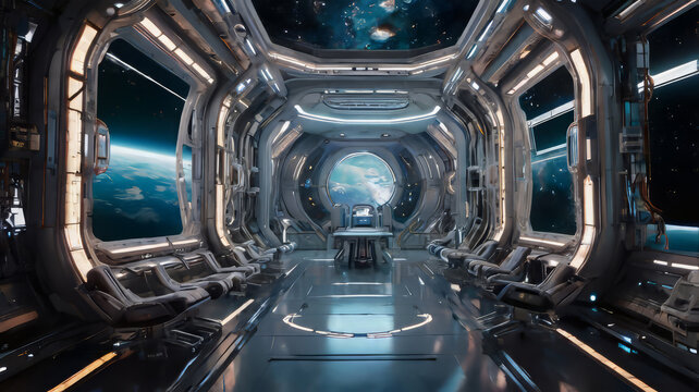 Futuristic Space Station Interior with Earth Visible Through Windows

