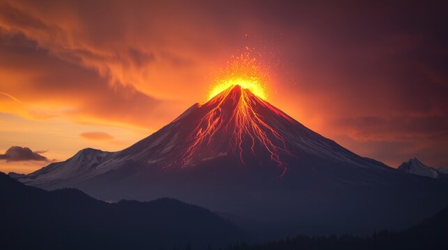 Majestic Volcano Erupting with Fiery Lava and Explosive Ash Cloud at Sunset