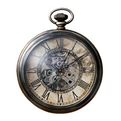 Cracked and cursed pocket watch with strange symbols isolated on transparent background