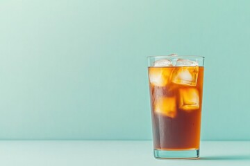 Refreshing iced tea in clear glass, vibrant backdrop enhances ap