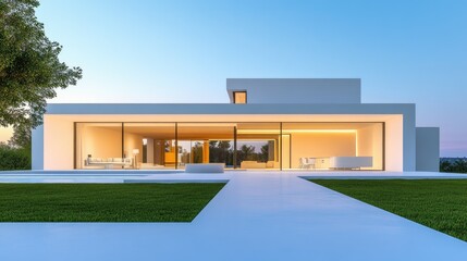 A sleek, minimalist home with large glass doors, glowing in the soft sunrise light, framed by perfectly maintained grass and clear blue skies.