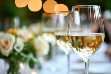 Alcohol consumption at a private garden dinner with wine and soft string lights. Featuring intimacy and sophistication