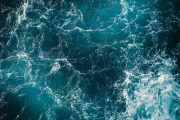 Turbulent ocean waves from above in blue tones. AI image