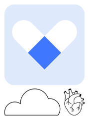 Heart-shaped pill capsule with blue and white colors in a square, outlined cloud, anatomical heart drawing. Ideal for healthcare, medical technology, pharmaceutical industry, wellness, cloud